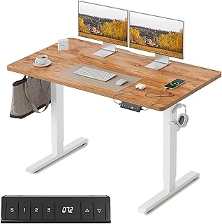 FEZIBO Bureau Électrique Réglable en Hauteur avec Ports de Charge USB-A et USB-C, 100 × 60 cm, Bureau Assis Debout, Ergonomique pour Télétravail, Marron Clair