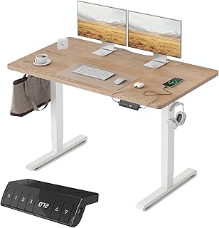 FEZIBO Bureau Assis Debout avec Ports de Charge USB-A et USB-C - 120 x 60 cm - Bureau électrique réglable en Hauteur - Standing Desk- Chêne